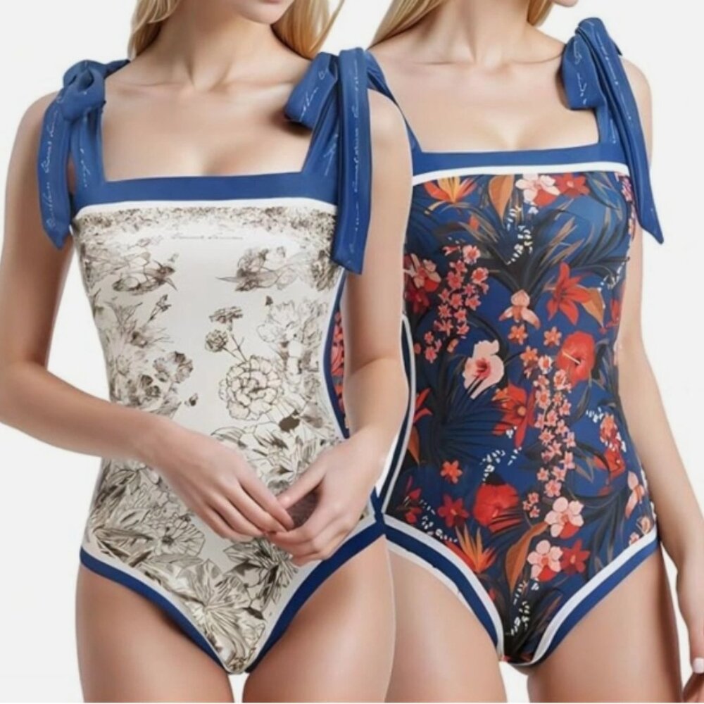 One Piece Swimsuit Floral Bathing Suit Tummy Control Reversible Tie Shoulder